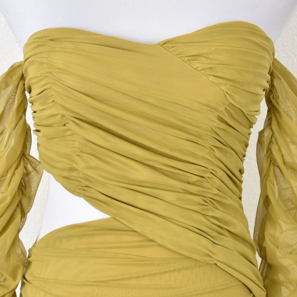 Miss Circle Ruched Chartreuse Cold Shoulder Bodycon Cut Out Dress - M - Picture 2 of 10